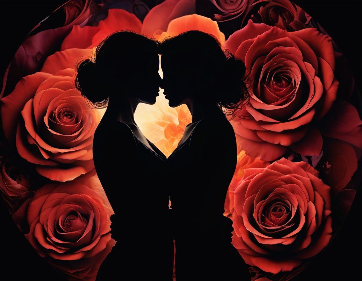A striking visual representation of passion and intimacy, featuring two silhouettes embracing against a backdrop of swirling dark colors symbolizing depth and intensity. Intricate patterns of light and shadow play across their forms, suggesting movement and connection. Incorporate elements like roses to symbolize romance and vulnerability, and use warm highlights to evoke feelings of intimacy. The scene should have a dreamlike quality to enhance allure and mystery. super-realistic. vibrant colors. abstract background.