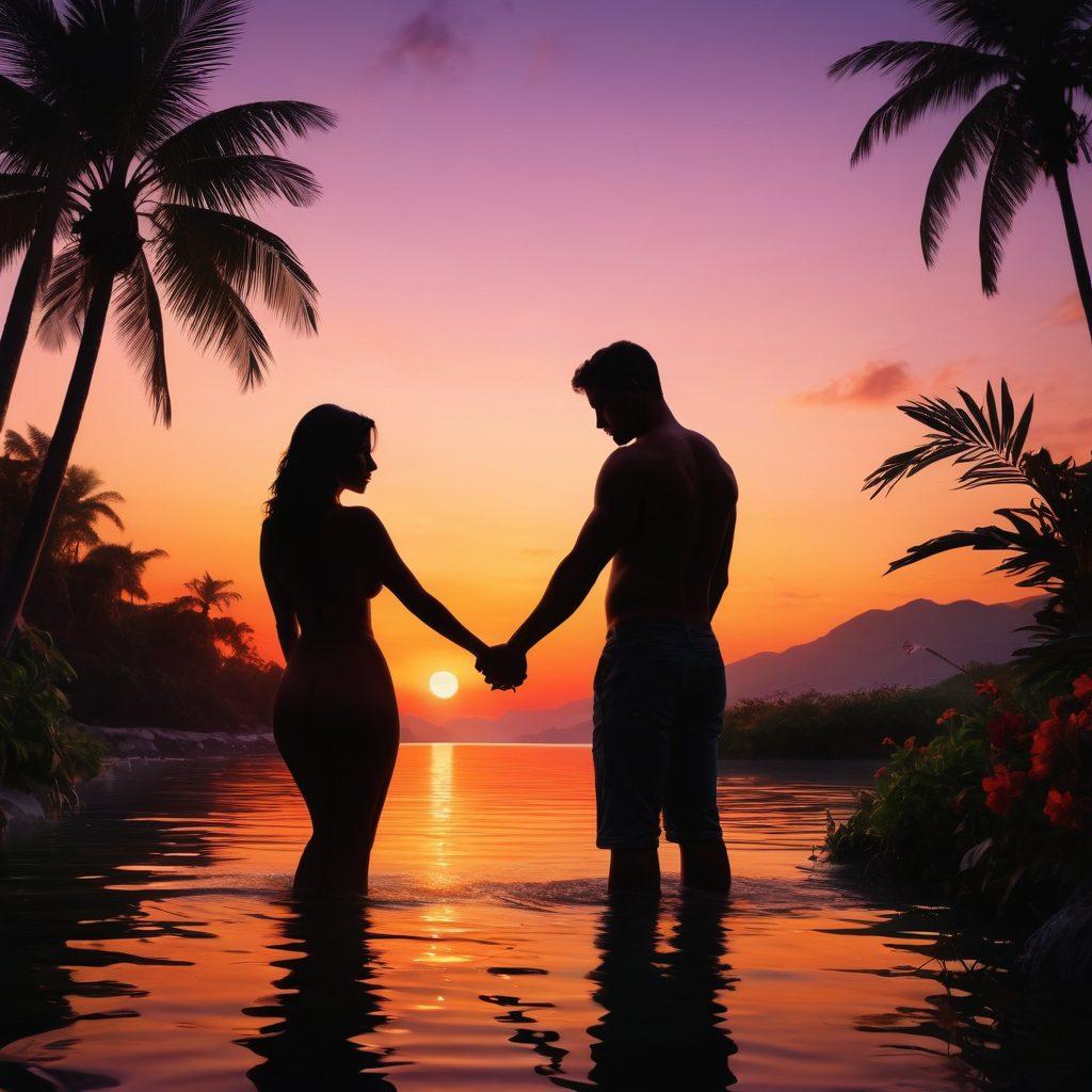 A captivating juxtaposition of lush landscapes and intimate scenes, showcasing diverse individuals celebrating love and passion in an artistic manner. Include elements like vibrant flora, soft lighting, and sensuous silhouettes to highlight authenticity and connection in adult entertainment. The background should be a serene sunset with rich colors illuminating the scene. super-realistic. vibrant colors. warm tones.